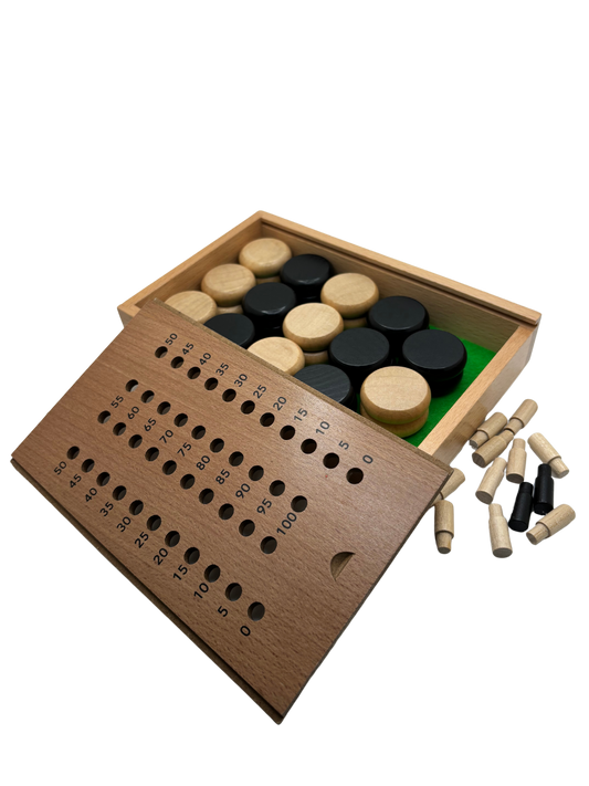 Magnetic Clasp Storage Box With  2 Pegs; Scoring Track for Std Crokinole + 28 discs (2024 Version) PREORDER